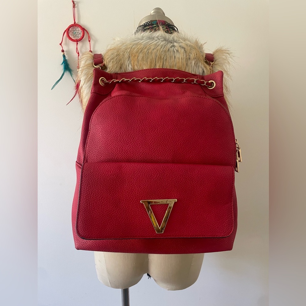 Vegan Leather Red Backpack Bag with extra pockets and adjustable straps.